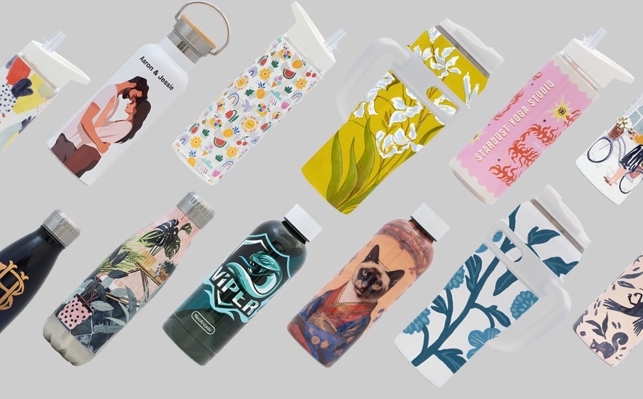 assortment of custom printed water bottles